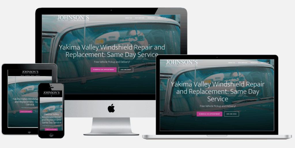 Johnson's Auto Glass website shown on desktop, laptop, tablet and phone screens