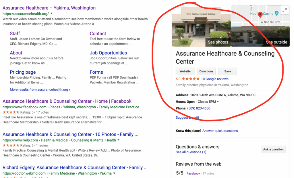 Search results showing a Direct Primary Care clinic ranking first