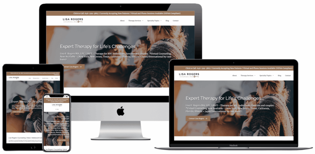 Lisa Rogers Counseling website shown on desktop, laptop, tablet and phone screens