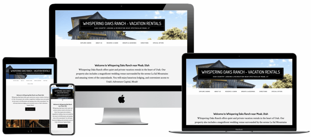 Whispering Oaks Ranch website shown on desktop, laptop, tablet and phone screens